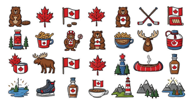 A vibrant collection of Canadian-themed icons, featuring maple leaves, beavers, bears, moose, hockey sticks, and poutine, celebrating Canadian culture and symbols.