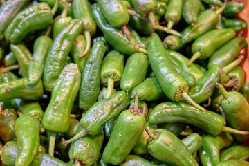 Shiny green peppers spread across a vendor counter in the Balearic Islands, Spain, captured with natural light that reveals firm skins, curved forms, and freshly delivered produce.