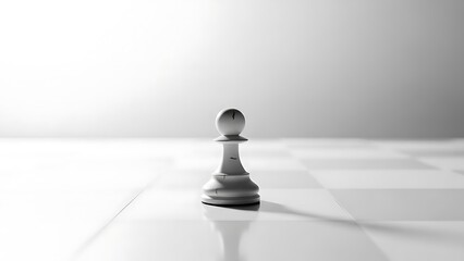 A single cracked white chess pawn stands isolated on a reflective board representing the initial challenging stage of a strategic game plan in monochrome tones