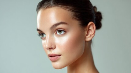 Naklejka premium In this striking close-up, a beautiful female fashion model gazes off to the side, showcasing her radiant skin and flawless features against a serene backdrop, evoking a sense of grace and poise
