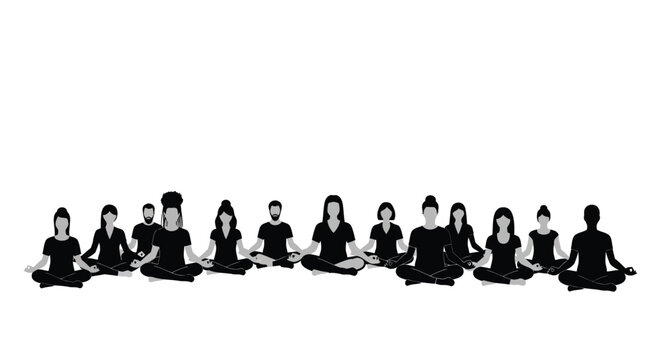 People Meditating in Lotus Position Row Silhouette