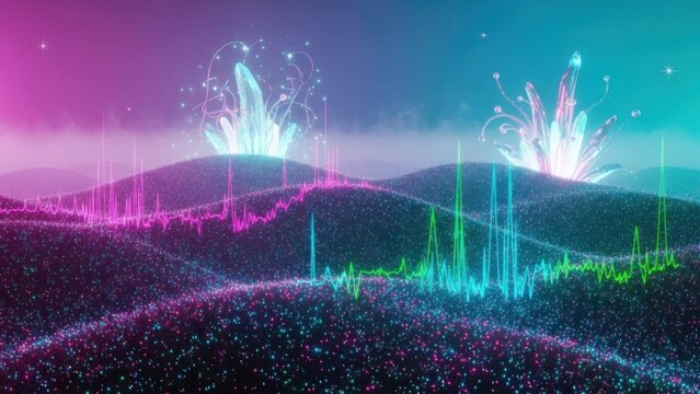 Futuristic Digital Landscape with Neon Lights and Bioluminescent Elements