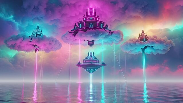 Futuristic floating cityscapes suspended amidst vibrant clouds and glowing reflections
