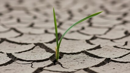 Tiny green sprout bravely emerging from severely cracked dry earth showcasing resilience and the enduring power of life against environmental adversity