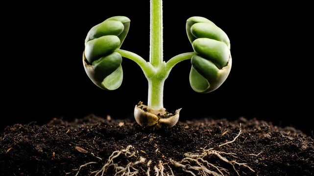Closeup of single seedling emerging from rich soil