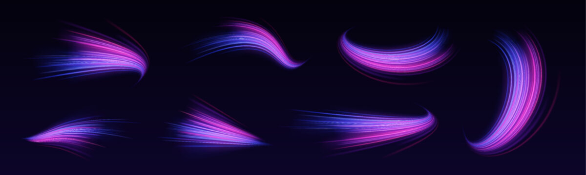 Flowing bright pink neon lines streak along the urban road, forming dynamic curved trails. Glowing effects and motion blur convey speed and futuristic style. Ideal for racing or tech visuals vector