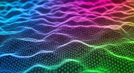 Glowing digital mesh surface displays colorful wave patterns receding into the distance