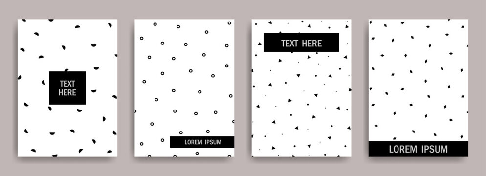 Minimalist abstract vector card set with black and white geometric patterns, modern flyer template, stylish invitation layout, clean poster design, contemporary brochure cover, trendy background.