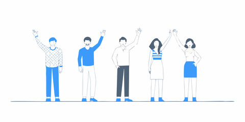 A group of diverse people raising their hands in a celebratory gesture