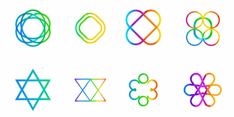 Colorful geometric shapes circles stars and floral like designs arranged neatly