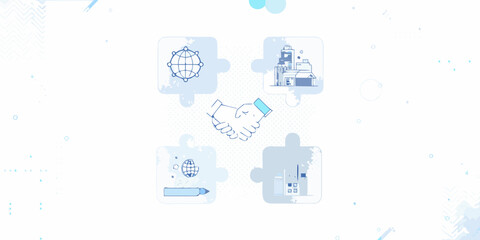 Global connections and partnerships illustrated with puzzle pieces and icons