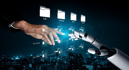 AI managing task workflow system, tracking document progress, analyzing productivity levels, and...