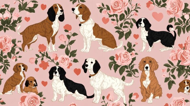 Pattern of illustrated dogs and pink flowers on a pale background, charming repeat wallpaper design
