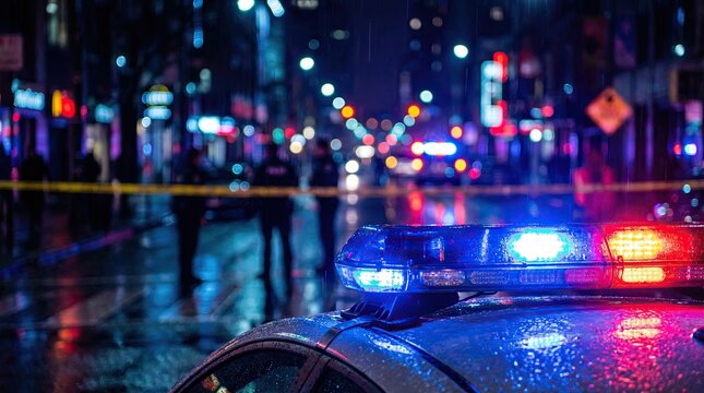 Blurred background showing police lights at crime scene concept. A police car with flashing lights at a crime scene during the night.