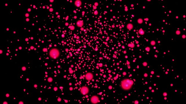 Pink dots drift across a black cosmic background