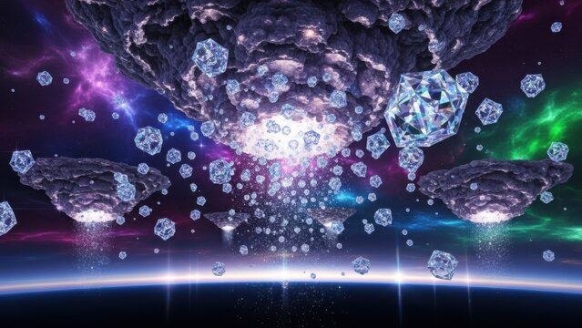 futuristic cosmic landscape with floating geometric shapes and colorful nebulae scene capturing