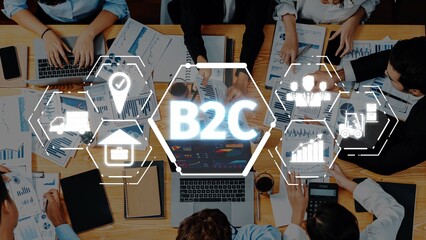 A dynamic business meeting focusing on B2C strategy is illustrated with charts and data analysis while team members collaborate effectively at the table. Raster