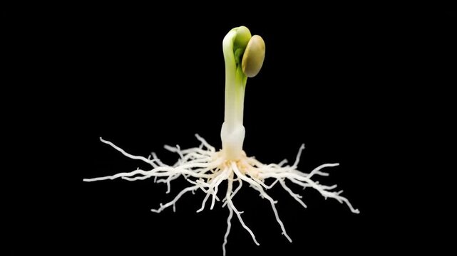 Close-up of a single tan seed with stem on black background