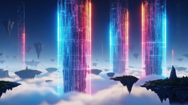 Futuristic floating islands with luminous vertical energy beams illuminating a surreal skyscape