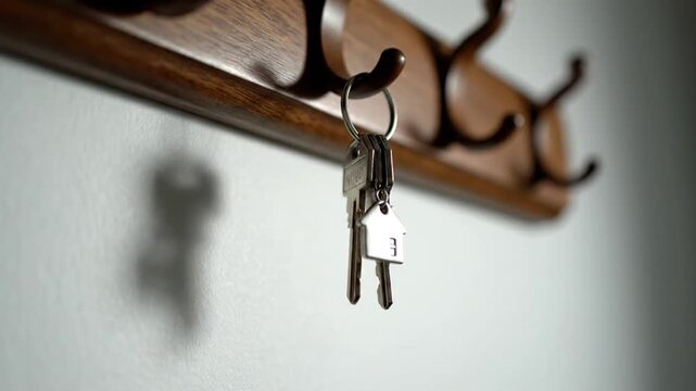 Keys hanging on wall hook.
