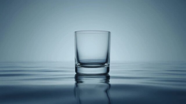 Empty glass on calm water surface background　静かな水面に置かれた空のグラスの背景素材