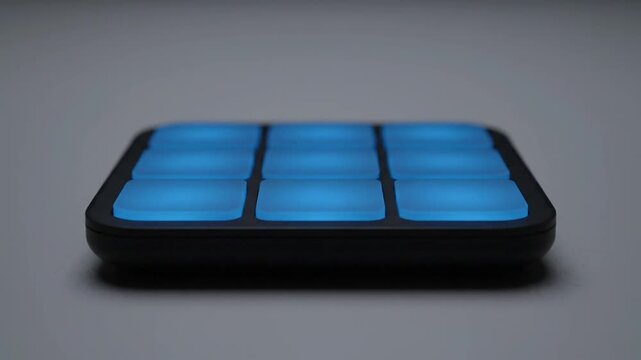 Close-up of a black 3x3 grid of illuminated blue buttons on a device