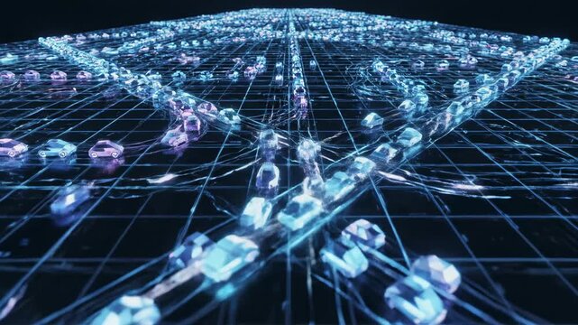 Seamless loop of an abstract geometric vehicle grid flowing constantly like a complex digital data stream representing organized urban transit loopable background, organized urban transit, future