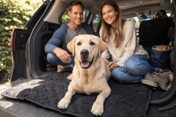 Happy couple enjoys quality time with their dog on a travel mat in the back of a car, surrounded by greenery, creating a warm and inviting atmosphere