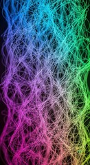 Obraz premium Intricate network of multicolored light threads flows vertically against a dark background