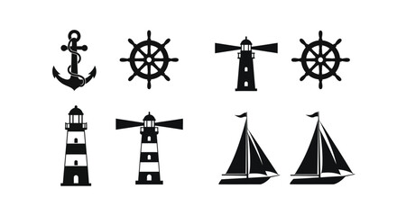 Nautical themed icons including ships steering wheels and lighthouses