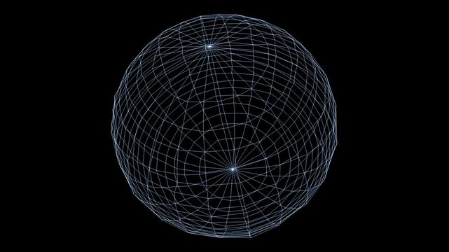 Wireframe egg structure rotates on black geometric background