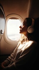 Woman with headphones is enjoying a peaceful moment while seated by the window on an airplane, gazing out at the clouds and sky during her journey