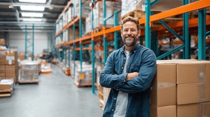 Smiling man in a modern fulfillment warehouse stands confidently among stacked cardboard boxes, showcasing the organized logistics environment and efficient operations