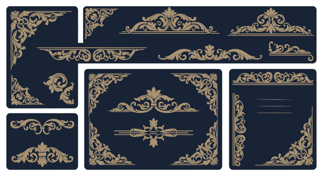 Elegant vintage golden decorative borders and corners set on a dark blue background, featuring intricate baroque and rococo style scrollwork and acanthus leaf patterns.