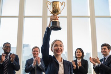 Businesswoman celebrating success by raising a trophy in a bright office environment, surrounded by colleagues applauding her achievement and teamwork spirit
