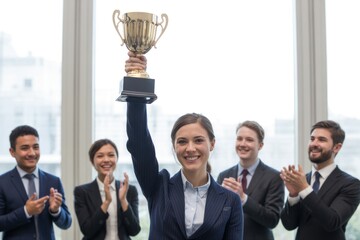 Businesswoman proudly holds trophy above her head in a bright office, surrounded by colleagues celebrating her achievement and fostering a positive work environment