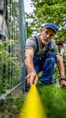Experienced fence installer in blue overalls is measuring with a tape measure, surrounded by greenery, showcasing precision in outdoor craftsmanship and dedication to quality work