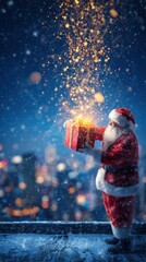Santa Claus in festive attire stands on a snowy rooftop at night, lifting a lid off a glowing gift, surrounded by a magical winter atmosphere