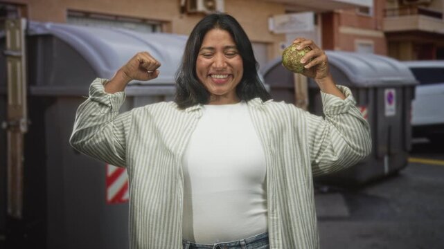 Woman holding soursop and flexes arm with fist near dumpsters on street while smiling and posing for camera; joyful empowerment.