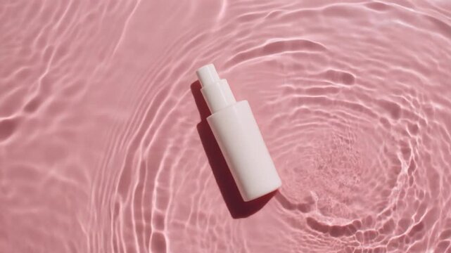 White cosmetic bottle on pink water surface　ピンクの水面に浮かぶ白い美容液ボトル　フルHD　動画