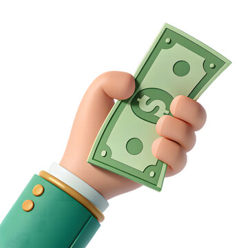 A 3D cartoon hand in a green suit sleeve with gold buttons holds a single green paper dollar bill vertically against a black background.