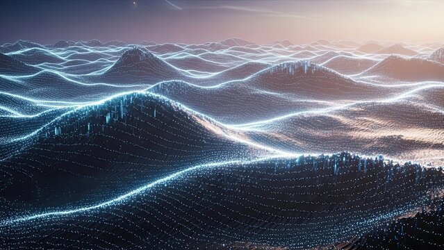 Futuristic digital landscape with glowing data waves and shimmering terrain in a sci-fi scene