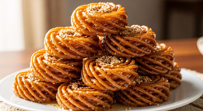 Stacked Moroccan chebakia pastries with honey and sesame
