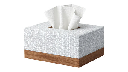 Tissue box with a square, textured white top and wood base