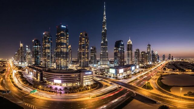 Illuminated skyscrapers and busy highways at dusk