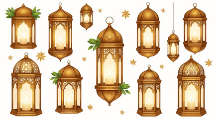 Obraz premium A collection of ornate, glowing Islamic lanterns with intricate patterns and decorative green leaves, set against a white background.