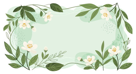 A delicate floral border with white blossoms and green leaves on a soft pastel background, evoking a sense of nature and spring.