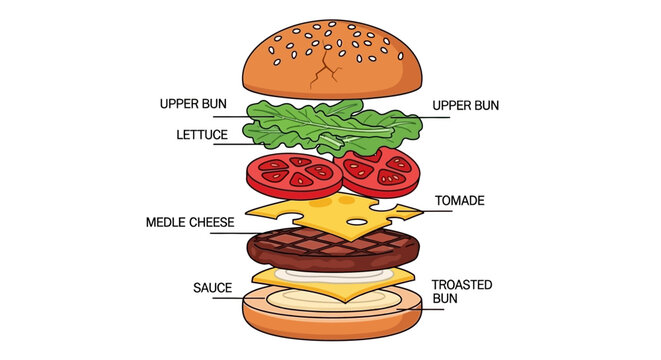 An exploded view diagram illustrating the layered ingredients of a classic cheeseburger, from the toasted bottom bun to the sesame seed top bun.