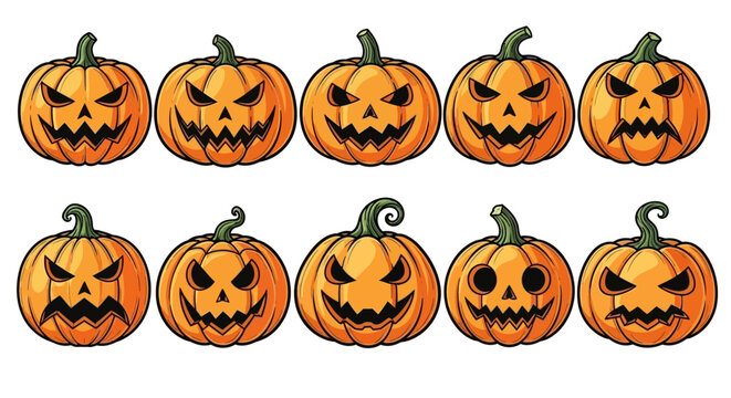 A collection of ten carved Halloween pumpkins with spooky faces, displayed in two rows against a white background.