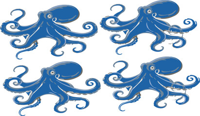 Blue octopus illustration set in bold cartoon style with curly tentacles for marine ocean graphic design projects © Sumon Creative